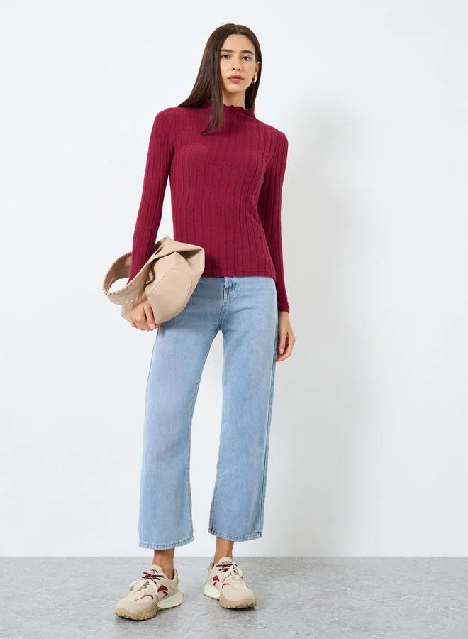 Take Two High Neck Long Sleeve Ribbed Knit Top